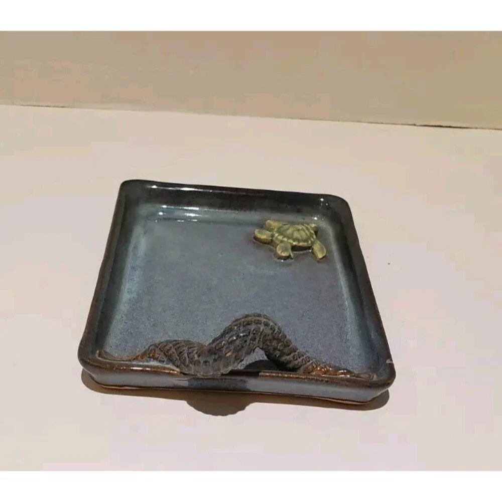 Turtle Soap Dish Tray W/ Raised & Scaley Snake Handle Decor Tray Rare